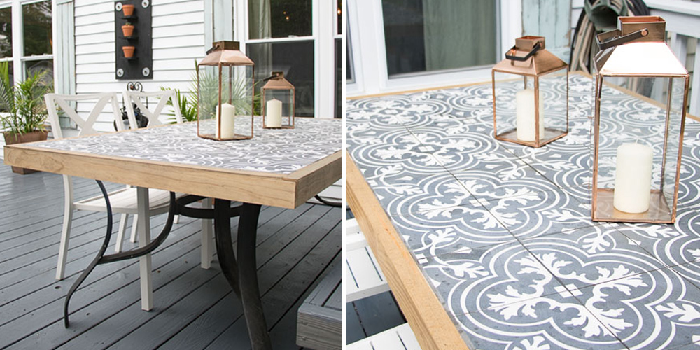 Grey and white patterned tiles in-laid in to a patio tabletop
